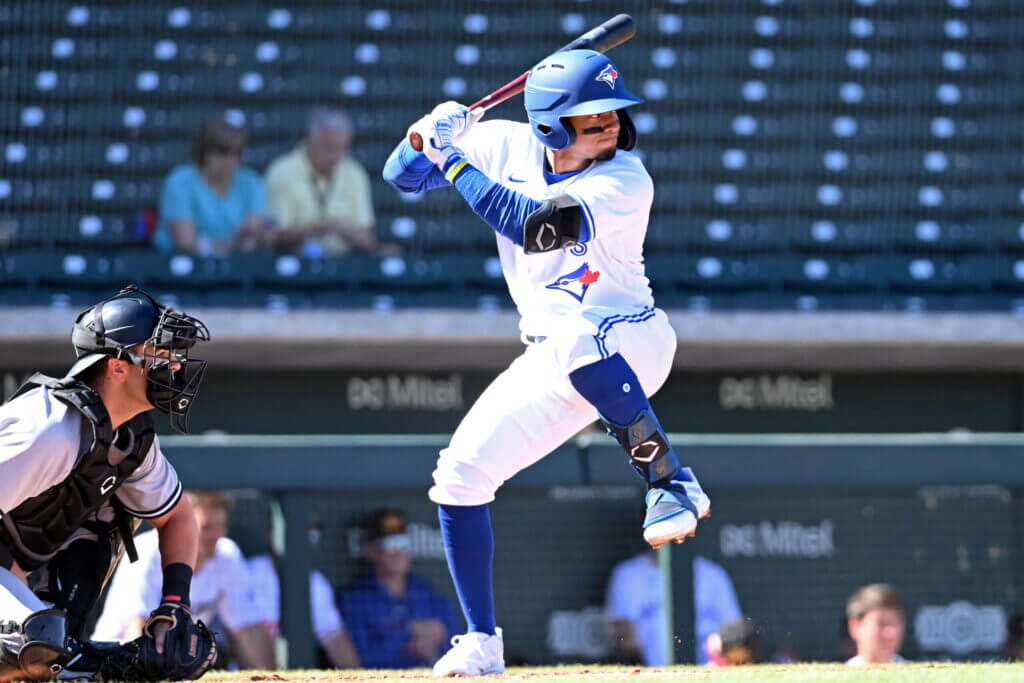 MESA, AZ - OCTOBER 13: Leo Jimenez #8 of the Mesa Solar Sox bats during the game between the Surprise Saguaros and the Mesa Solar Sox at Sloan Park on Wednesday, October 13, 2021 in Mesa, Arizona. (Photo by Norm Hall/MLB Photos via Getty Images)