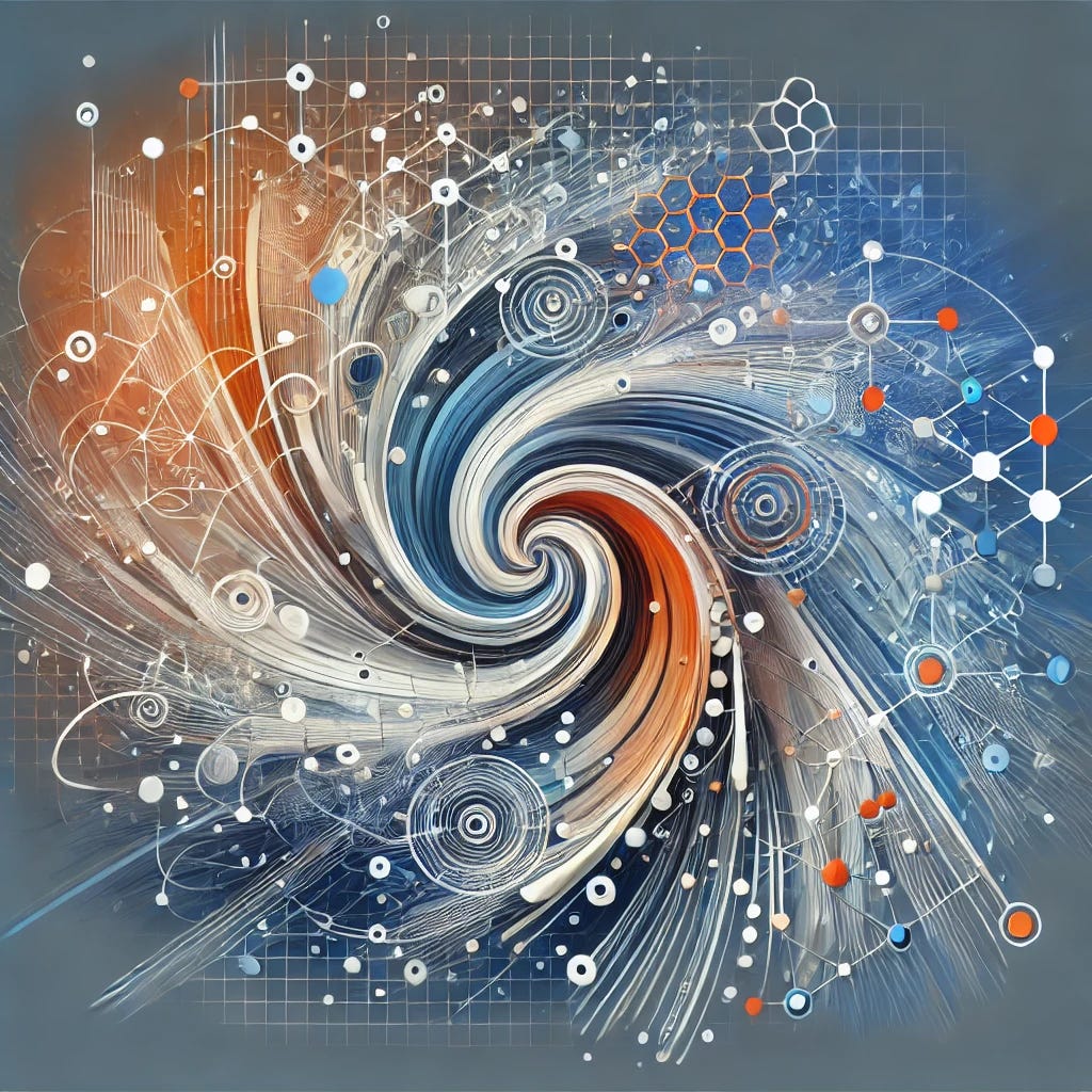 An abstract art piece inspired by the concept of rotary positional embeddings in machine learning. The artwork features swirling geometric patterns that represent rotational symmetry, overlaid with dynamic, interconnected nodes to signify neural networks. The color palette includes shades of blue, orange, and white, symbolizing technology and creativity, with a futuristic and intricate style. The design conveys a sense of flow and mathematical precision, evoking the idea of embeddings and transformations in AI.