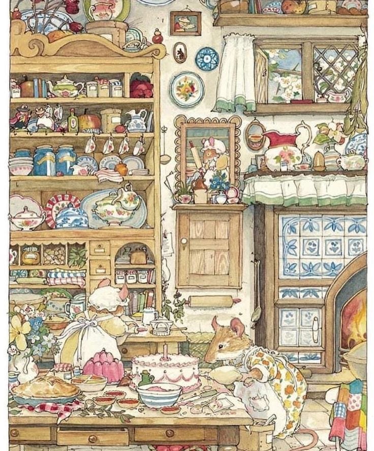 This may contain: an illustration of a kitchen with many items on the counter and shelves full of dishes