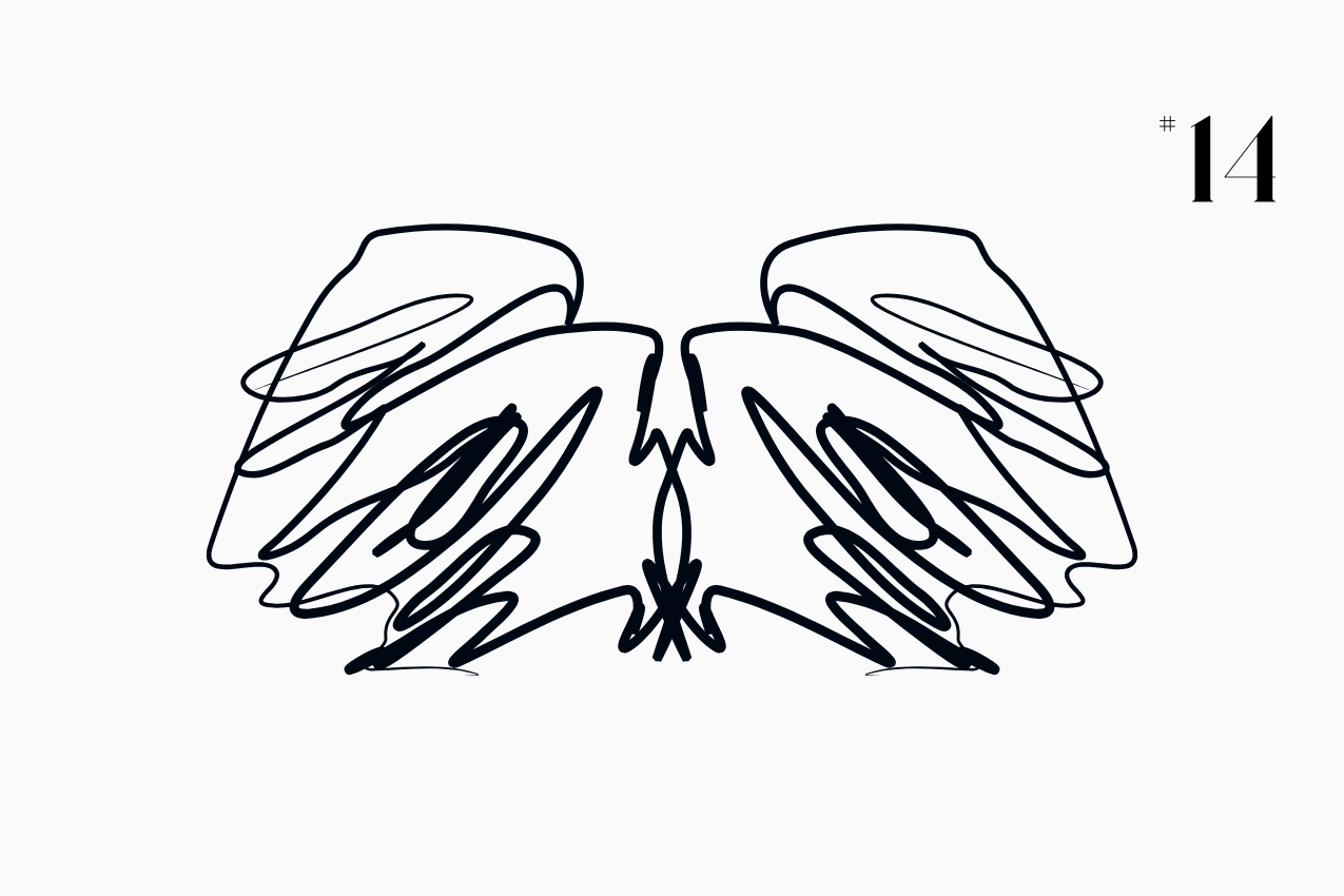 A bilateral, Rorschach-style specimen for the “In Other Words” series from The Subtext Review. The charcoal-black symmetrical splatter is centered on a cream paper background, labeled as Puzzle No. 14 in a classic serif typeface.