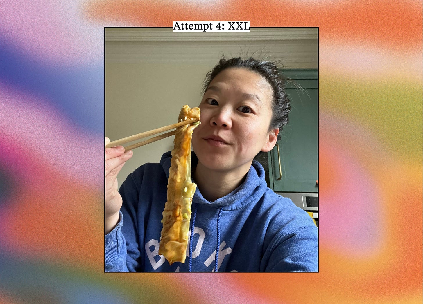 Mei Li holds a long pan-fried dumpling noodle with chopsticks near their face. Text reads "Attempt 4: XXL."