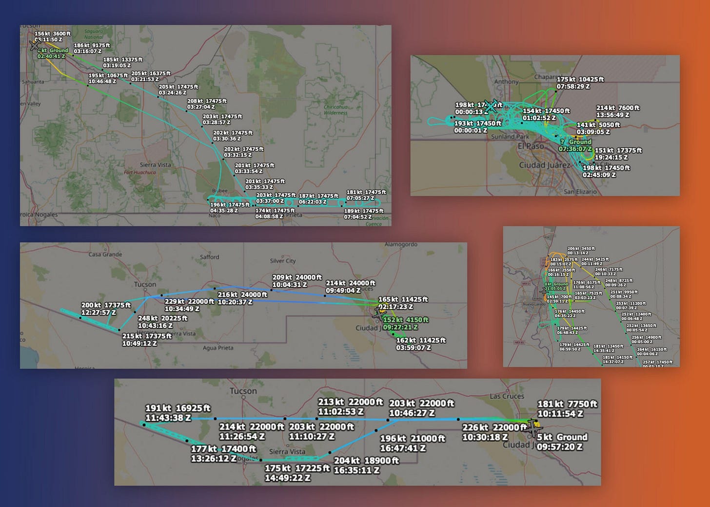 A snapshot of flight history of two aircraft belonging to military contractor Metrea Aerospace along Arizona, Texas and New Mexico’s southern borders. (Arizona Mirror graphic) A snapshot of flight history of two aircraft belonging to military contractor Metrea Aerospace along Arizona, Texas and New Mexico’s southern borders. (Arizona Mirror graphic)