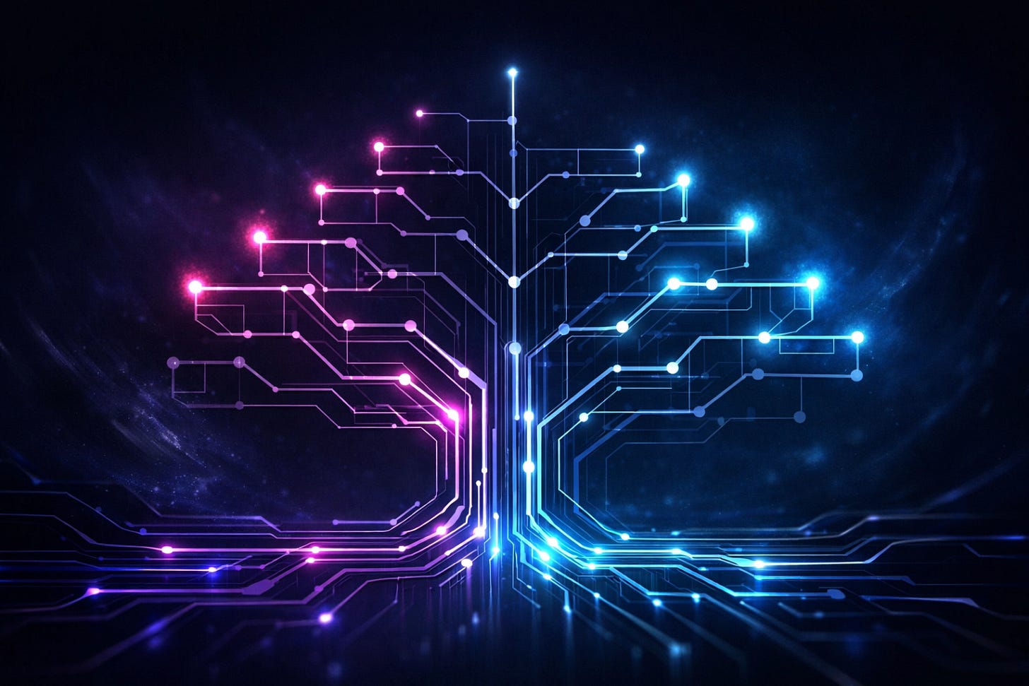 Circuit lines flowing into a decision tree highlighting amplified impact
