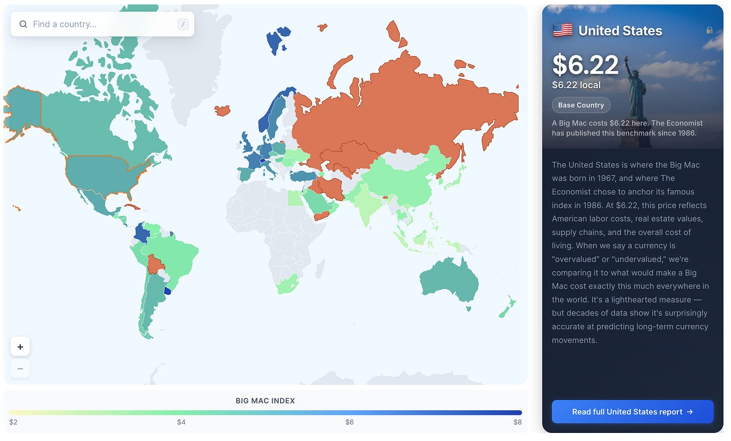 Capture d'écran du site bigmacindex.app : une carte du monde colorée selon le prix du Big Mac en dollars, du vert clair (2 $) au bleu foncé (8 $). L'Europe de l'Ouest et la Suisse apparaissent en bleu, parmi les plus chers ; la Chine, l'Inde et l'Asie du Sud-Est en vert clair, parmi les moins chers. Les pays sans McDonald's, comme la Russie ou l'Iran, sont en orange, et ceux sans données en gris. À droite, la fiche des États-Unis, le pays de référence de l'indice : un Big Mac à 6,22 $. Capture d'écran du site bigmacindex.app : une carte du monde colorée selon le prix du Big Mac en dollars, du vert clair (2 $) au bleu foncé (8 $). L'Europe de l'Ouest et la Suisse apparaissent en bleu, parmi les plus chers ; la Chine, l'Inde et l'Asie du Sud-Est en vert clair, parmi les moins chers. Les pays sans McDonald's, comme la Russie ou l'Iran, sont en orange, et ceux sans données en gris. À droite, la fiche des États-Unis, le pays de référence de l'indice : un Big Mac à 6,22 $.