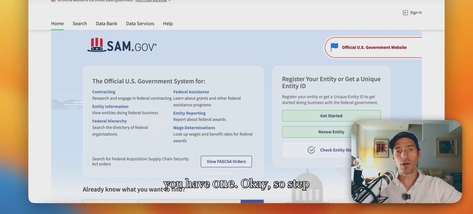 SAM.gov homepage showing entity registration and Unique Entity ID controls