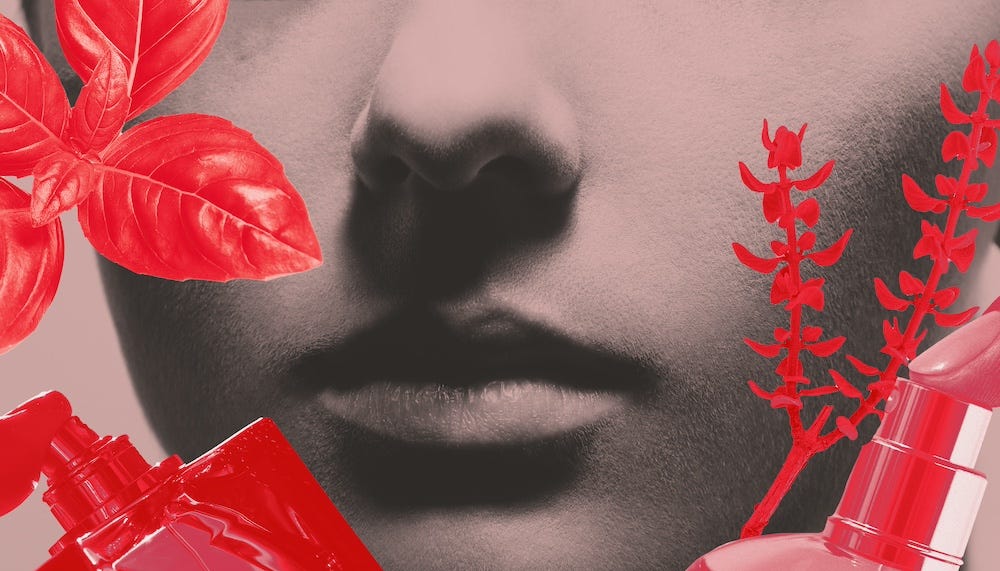 collage of the lower half of a face surrounded by fragrance imagery