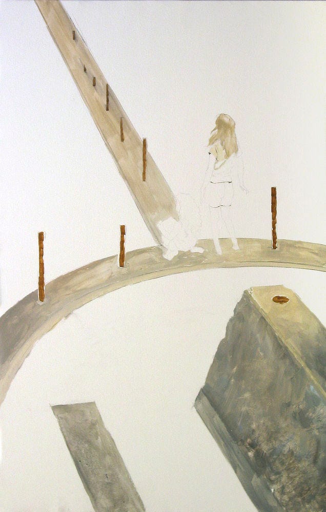 LEFT: Photo of SEAWALL (early work in progress) on an easel in the studio. A pair of post it notes are taped over the wedge of wall that rises in the inner circle of the seawall. The first reads "paint the kids." The second is unreadable. In the lower right of the photo, you can see the corner of a charcoal sketch of LUMEN 9. RIGHT: Closer view of SEAWALL (early work in progress). Only the concrete structures have been blocked in with rusty rebar jutting up: the that extends to the upper left, the low seawall curves inward to the foreground, a wedge of wall rises inside that circle, and another low line of wall runs parallel to it.