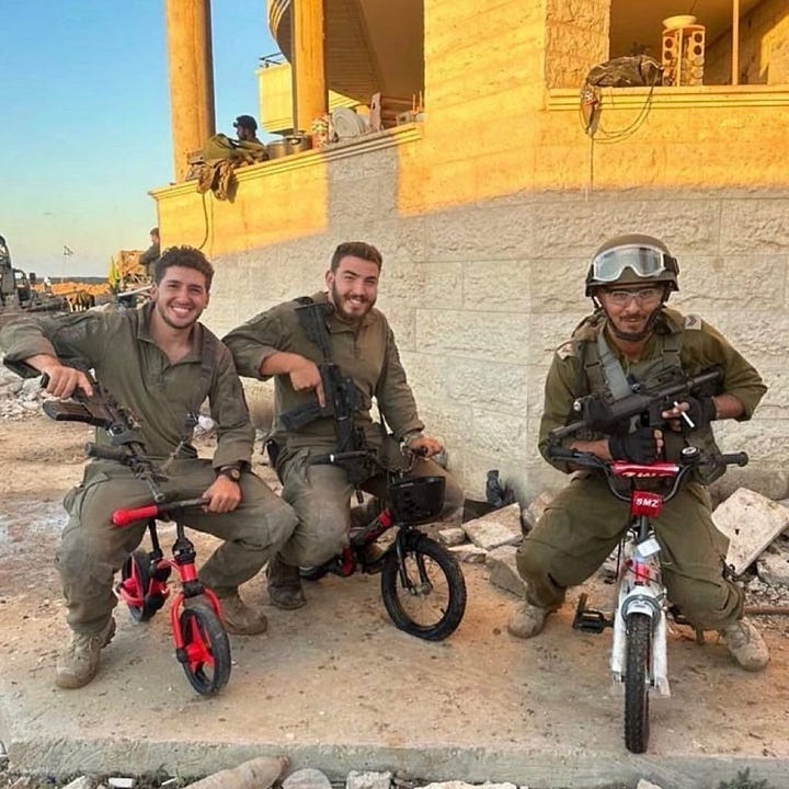 In Gaza, IDF soldiers embody Thanacide and Spectracide in one act — killing children, then playing with their toys; desecrating women, then wearing their lingerie. The photos are posed, shared, and celebrated, turning atrocity into both policy and performance.