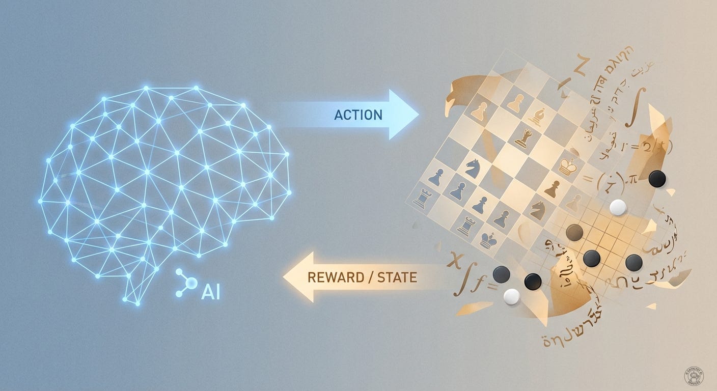 AlphaZero playing against itself on infinite chessboards extending into space, no human teachers visible, the game itself as the only evaluator, pure reinforcement learning visualization where reality provides the fitness signal, dramatic lighting AlphaZero playing against itself on infinite chessboards extending into space, no human teachers visible, the game itself as the only evaluator, pure reinforcement learning visualization where reality provides the fitness signal, dramatic lighting