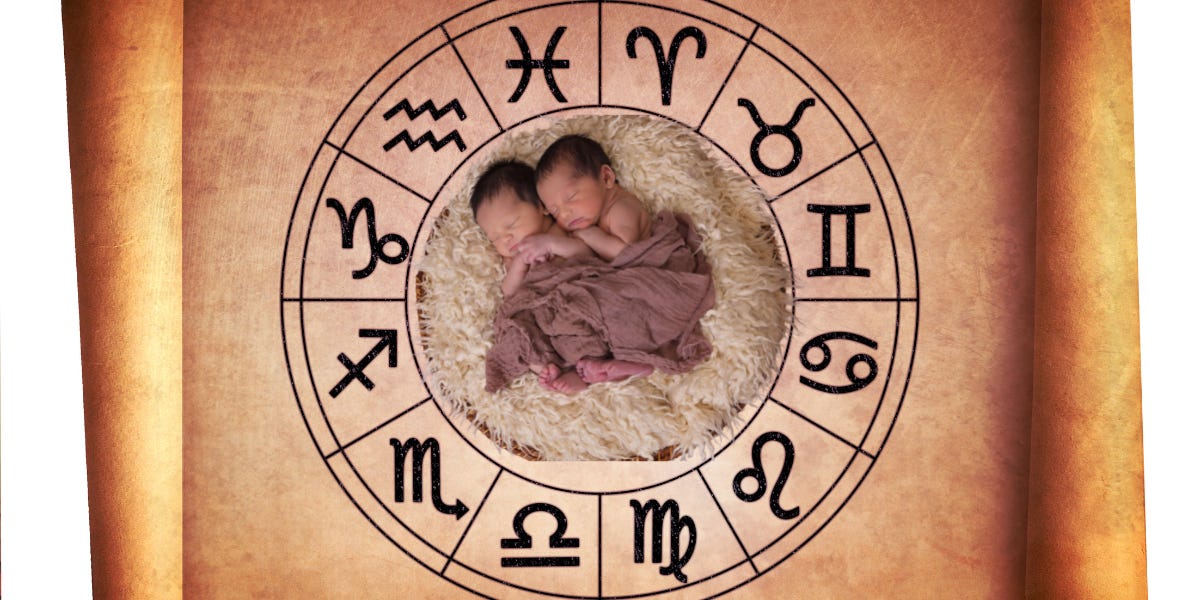 Twin babies surrounded by zodiac signs highlighting subtle birth time differences in horoscope