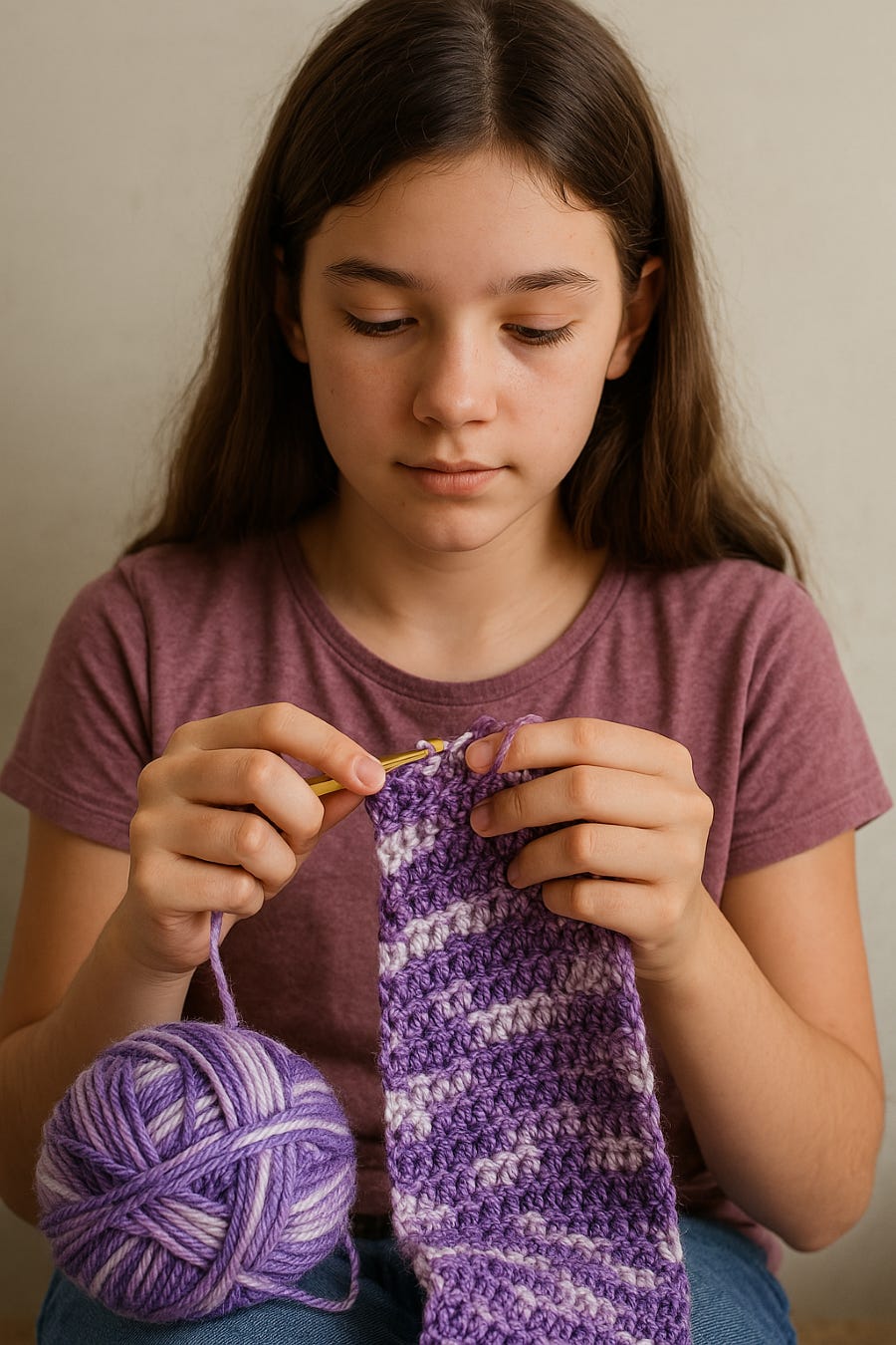 AI image of a girl of about 12 crocheting using variegated purple and white yarn