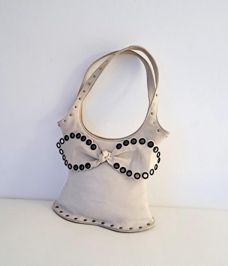 Vintage Spanish Hispanitas Off White Genuine Leather Bag - Ribbon and Studded image 1 Vintage Spanish Hispanitas Off White Genuine Leather Bag - Ribbon and Studded image 1