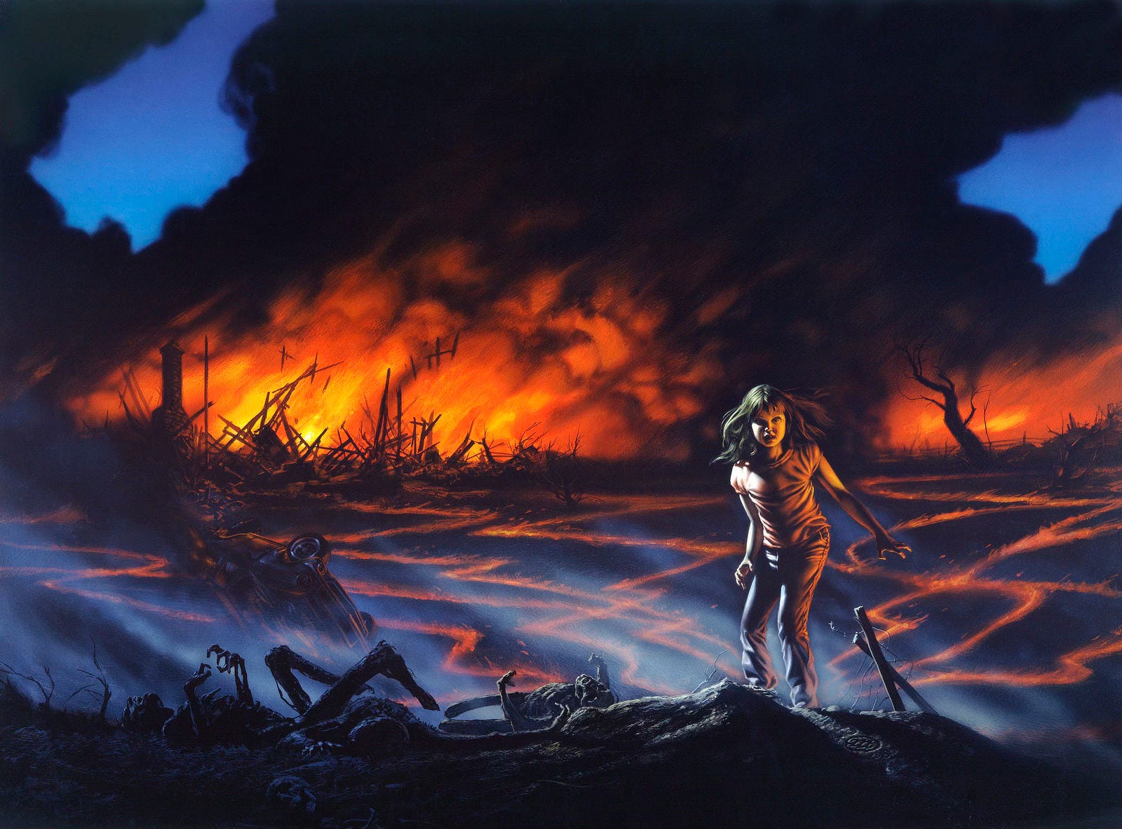 Lit by a building set ablaze on the horizon, a young girl stands on a ridge overlooking the destruction. Next to her lay the charred husks of two humans, reduced to little more than skeletal remains. Lines of zig-zagging fire run through the field behind her, indicating that she was the point of origin of the inferno that clouds the sky with billowing black smoke. Her hair whips in motion as if she's just caught sight of the audience. Her eyes are fixed with searing intensity on her next target. Lit by a building set ablaze on the horizon, a young girl stands on a ridge overlooking the destruction. Next to her lay the charred husks of two humans, reduced to little more than skeletal remains. Lines of zig-zagging fire run through the field behind her, indicating that she was the point of origin of the inferno that clouds the sky with billowing black smoke. Her hair whips in motion as if she's just caught sight of the audience. Her eyes are fixed with searing intensity on her next target.