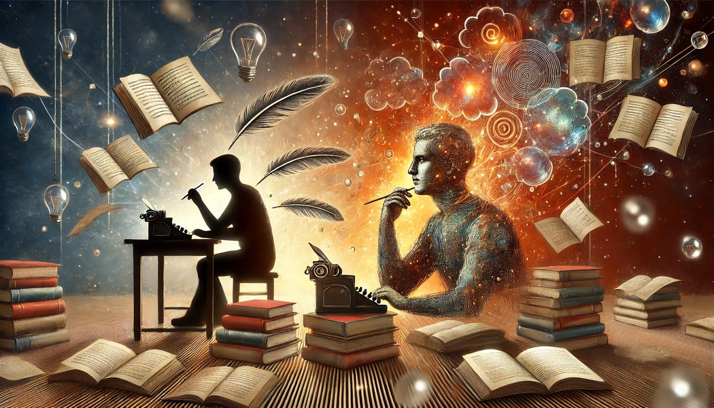 Un escritor en su estudio, pensativo, reflexionando sobre la intencionalidad consciente e inconsciente oculta en su mensaje.