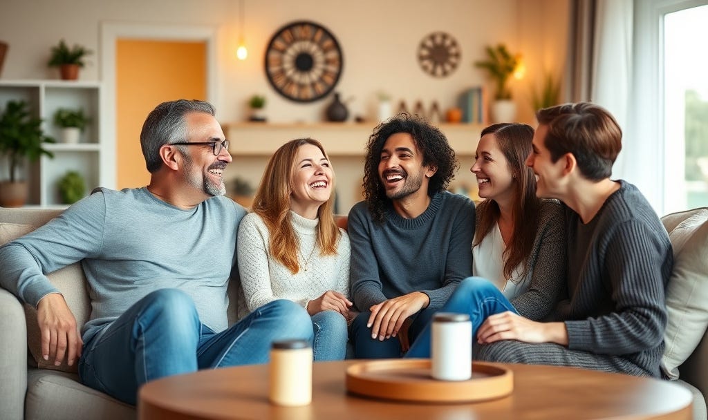 Friends/family laughing together in cozy living room,
