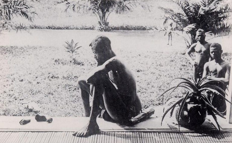 (Nsala of Wala stares at a severed hand and foot—reportedly those of his young daughter, mutilated by Belgian agents enforcing rubber quotas. Photographer: Alice Seeley Harris, 1904.) (Nsala of Wala stares at a severed hand and foot—reportedly those of his young daughter, mutilated by Belgian agents enforcing rubber quotas. Photographer: Alice Seeley Harris, 1904.)