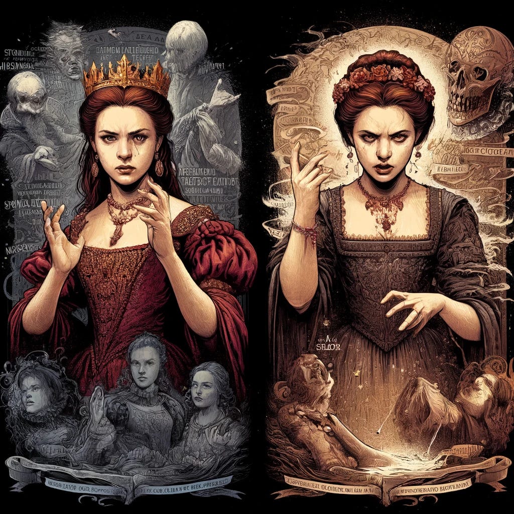 Create a vivid artwork representing Lady Macbeth from Shakespeare's 'Macbeth', capturing her complexity and thematic significance. The image should depict Lady Macbeth in a dramatic and symbolic setting. On one side, show her powerful and ambitious, dressed in regal attire, invoking spirits with commanding gestures, embodying her desire to be 'unsexed' and filled with 'direst cruelty'. On the other side, illustrate her descent into madness, with her hands frantically trying to wash away invisible stains, her expression haunted and distraught. The backdrop should subtly include elements like a faint outline of Macbeth, Banquo's ghost, and mystical symbols, reflecting her manipulative and tragic journey in the play. The style should blend elements of Elizabethan aesthetics with a dark, Gothic atmosphere, highlighting the play's themes of ambition, power, and guilt.