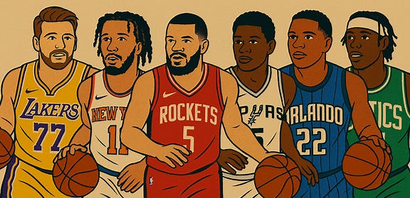 Create an image featuring Luka Doncic in a Los Angeles Lakers uniform, Jalen Brunson, Fred VanVleet, De'Aaron Fox in a San Antonio Spurs uniform, Desmond Bane in an Orlando Magic uniform, and Jrue Holiday in a Boston Celtics uniform. Use a bold, vintage-inspired style that highlights each player's unique flair and team identity.