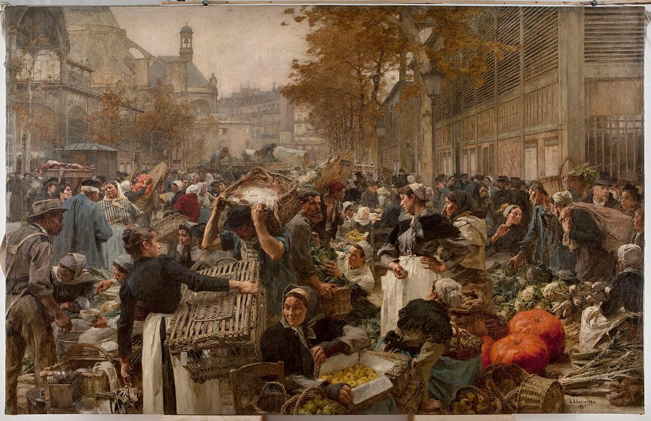 A dawn crowd of buyers, porters and sellers among piles of vegetables and pumpkins at Les Halles in Paris, painted by Léon Lhermitte A dawn crowd of buyers, porters and sellers among piles of vegetables and pumpkins at Les Halles in Paris, painted by Léon Lhermitte