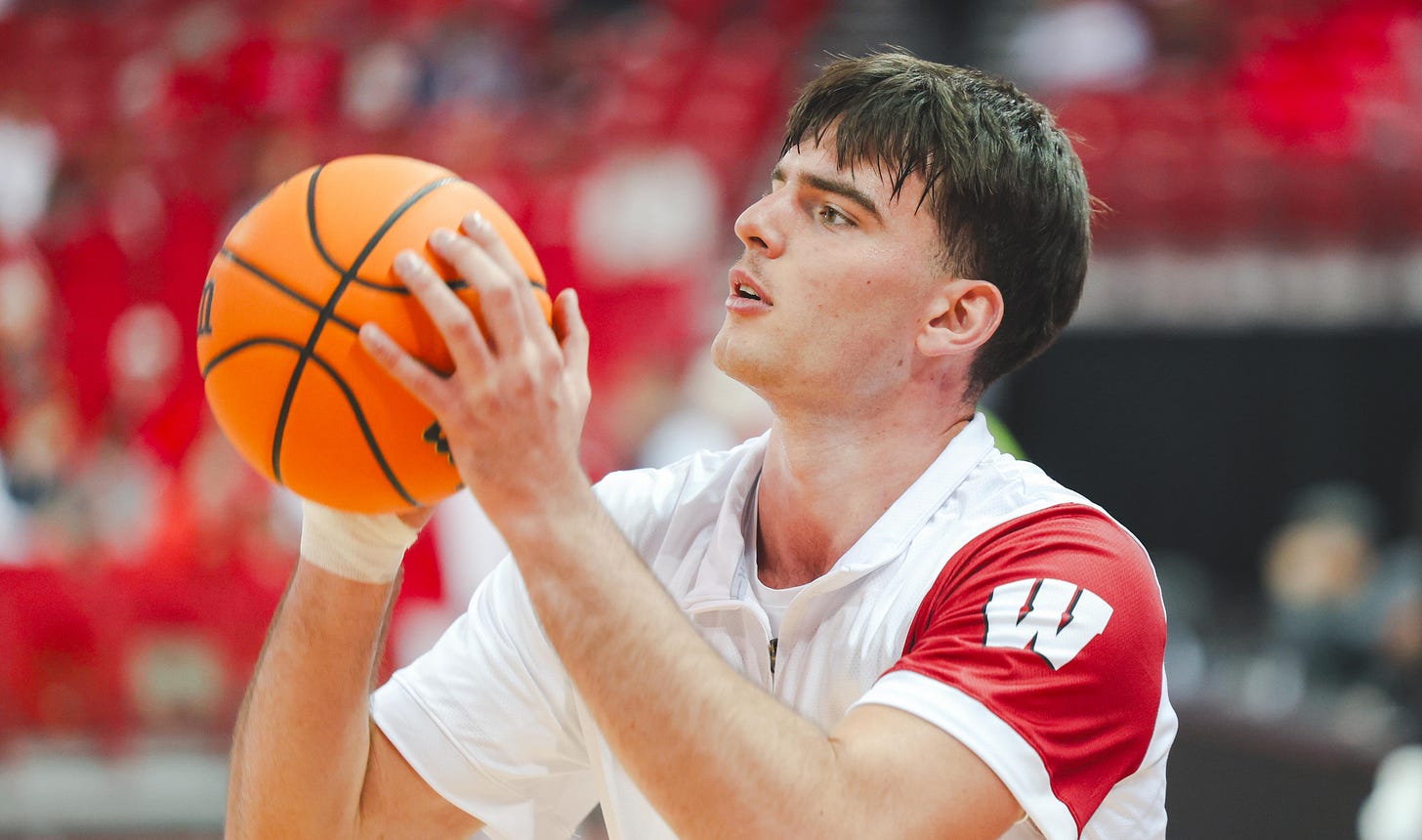 Wisconsin Badgers forward Riccardo Greppi shoots around before a game at the Kohl Center.