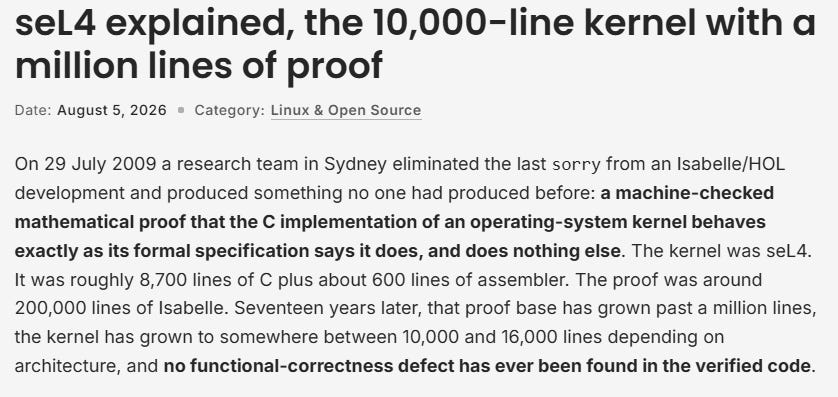 Screenshot explaining the seL4 kernel’s machine-checked mathematical proof. Screenshot explaining the seL4 kernel’s machine-checked mathematical proof.