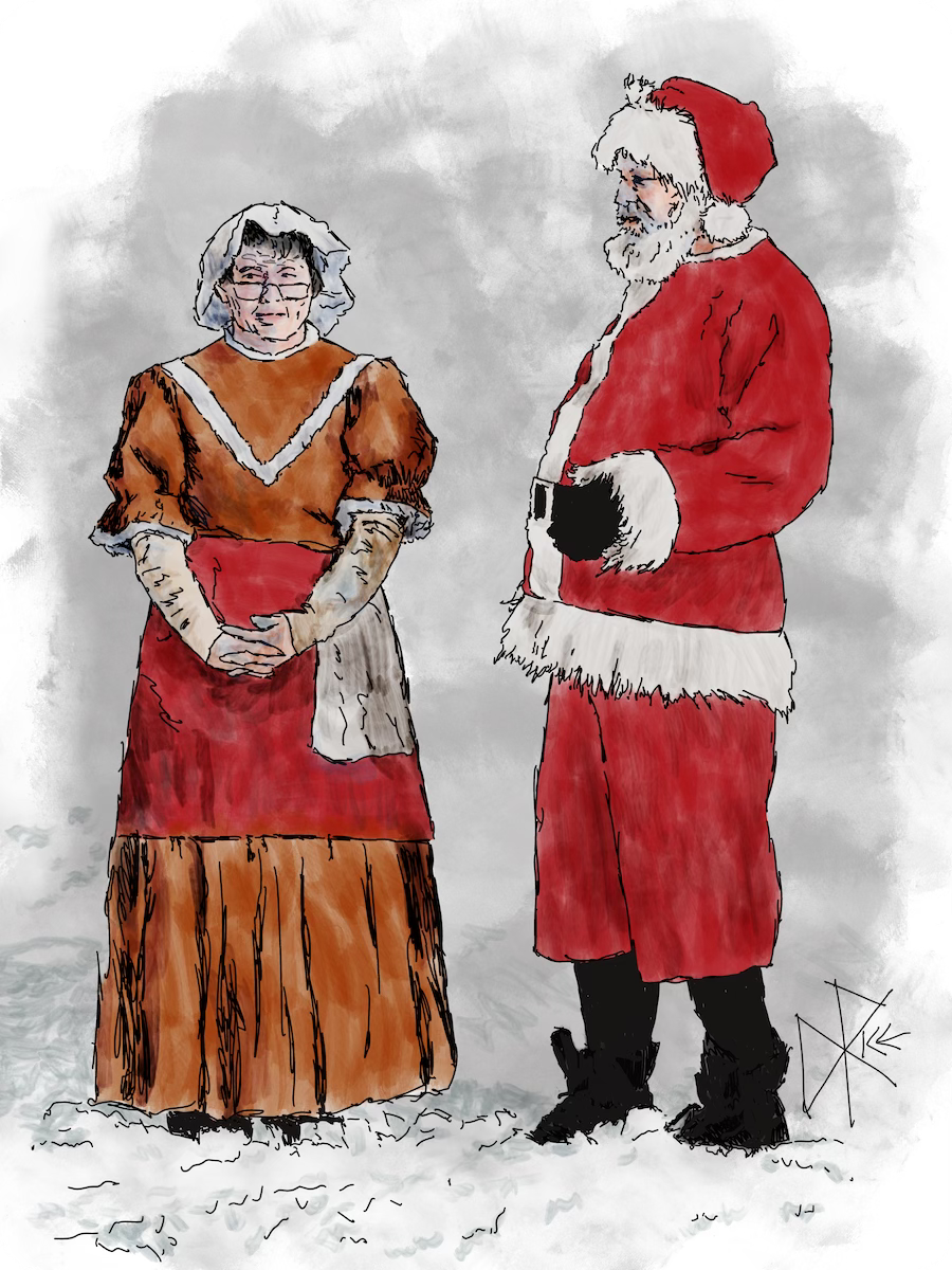 A woman and a man stand in the snow, dressed in red, white and sienna. Sketch art by Don Rice.