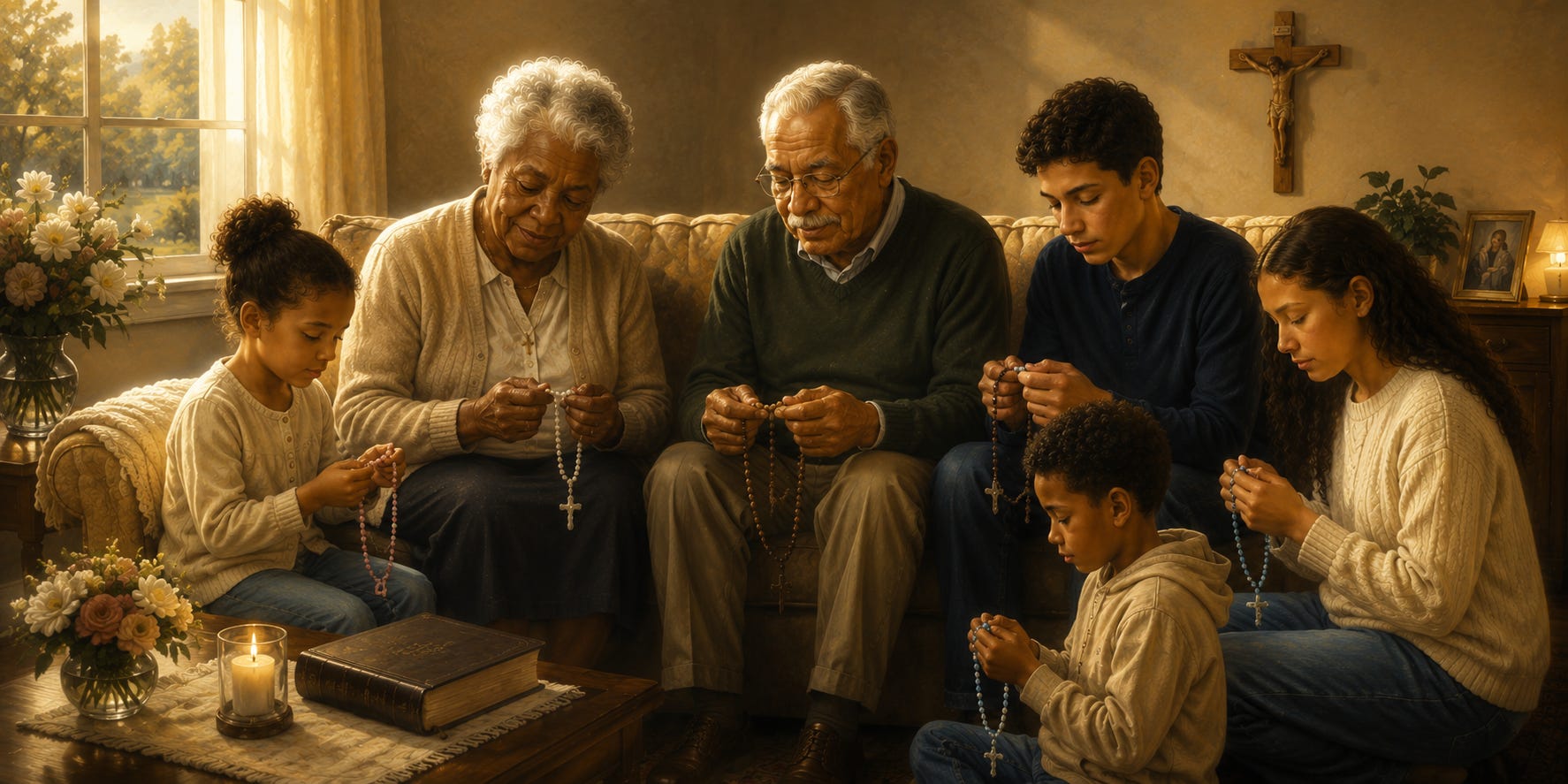Grandparents and grandchildren pray the Rosary together. Grandparents and grandchildren pray the Rosary together.