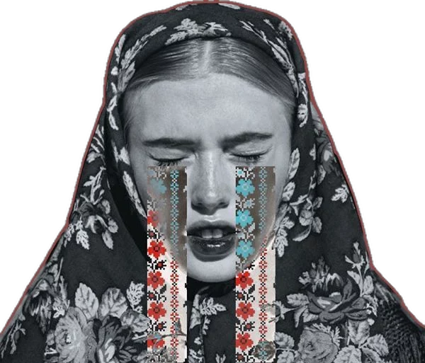 This may contain: a woman with her eyes closed wearing a black and white floral print scarf over her head This may contain: a woman with her eyes closed wearing a black and white floral print scarf over her head