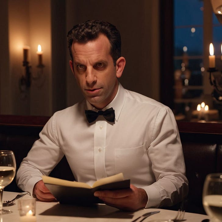 An AI-generated Sam Harris choosing his meal at a restaurant. Sorry, Sam! https://www.img2go.com/