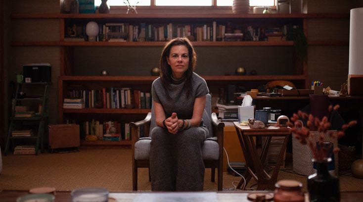 This may contain: a woman sitting on a chair in front of a bookshelf filled with books