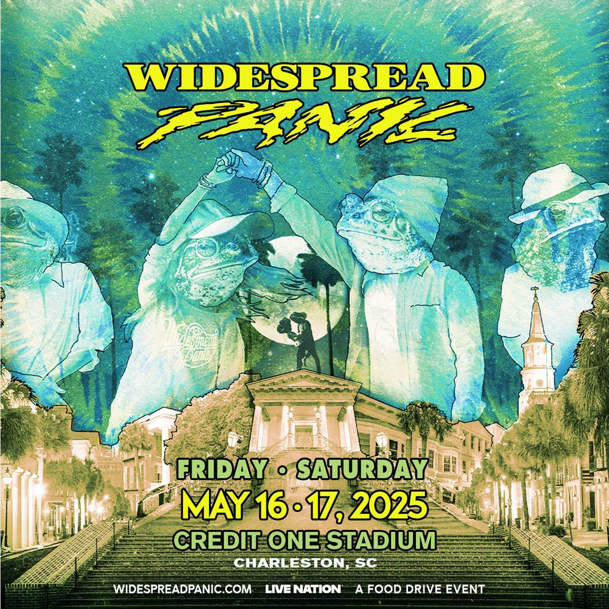 Promotional poster for Widespread Panic concert at Credit One Stadium in Charleston, SC on May 16-17, 2025. The image features vibrant, turquoise-toned illustrations of band members superimposed over a scenic view of a street leading to a historic church. Includes text about the event details and sponsors, mentioning Live Nation and a food drive event.