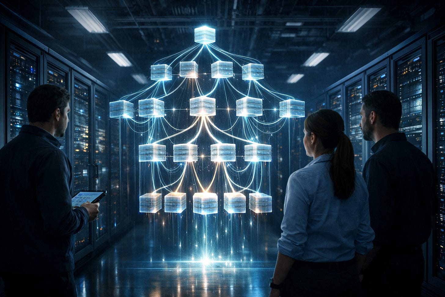 Three IT professionals observe a glowing, interconnected 3D data architecture in a server room. Three IT professionals observe a glowing, interconnected 3D data architecture in a server room.