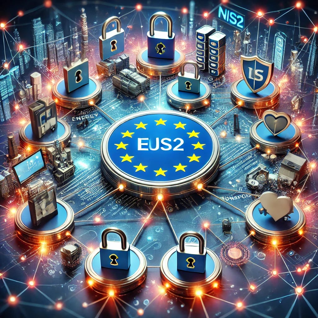 An image illustrating the key elements of the NIS2 Directive in cybersecurity. The image shows a digital network with interconnected nodes representing critical sectors such as energy, healthcare, transport, and financial services, with locks and shields symbolizing security protection. In the background, the European Union map or flag is subtly integrated to signify the EU-wide application of the directive. The scene emphasizes the importance of collaboration and cybersecurity across different industries, with vibrant, secure lines connecting all parts of the network.