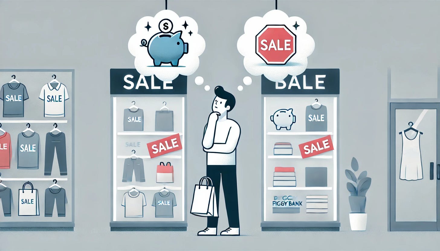 A simple and clean image illustrating 'the psychology of spending.' Show a person standing in front of a store display with sale signs, holding a shopping bag. The person has a thoughtful expression, with a small thought bubble above their head containing images of both a shiny new item and a piggy bank. The background should be minimalistic, focusing on the contrast between the tempting store display and the idea of saving money. The overall scene should clearly convey the internal conflict between immediate spending and long-term financial responsibility.