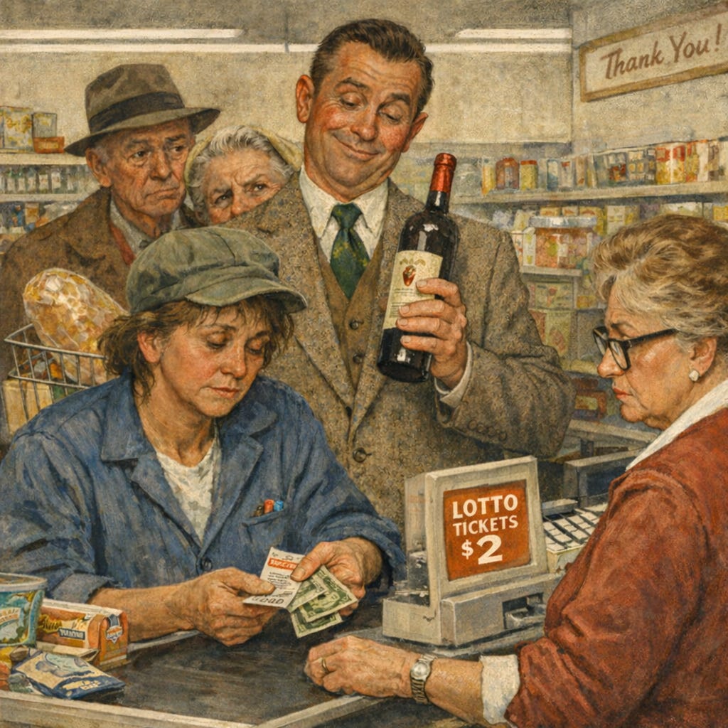 A Norman Rockwell–style illustration of a grocery checkout line: a tired woman in a work cap pays cash for a lottery ticket at the register while an older cashier watches closely; behind her, a well-dressed man holds a bottle of wine and smirks, and two elderly onlookers peer over his shoulder, their faces quietly judging. A Norman Rockwell–style illustration of a grocery checkout line: a tired woman in a work cap pays cash for a lottery ticket at the register while an older cashier watches closely; behind her, a well-dressed man holds a bottle of wine and smirks, and two elderly onlookers peer over his shoulder, their faces quietly judging.