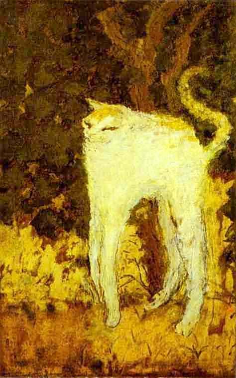 A white cat arches with comically long stretched legs against a warm background A white cat arches with comically long stretched legs against a warm background