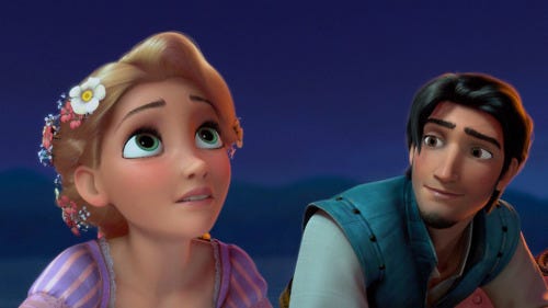 Rapunzel looks up at the sky, Flynn looks at her. 
