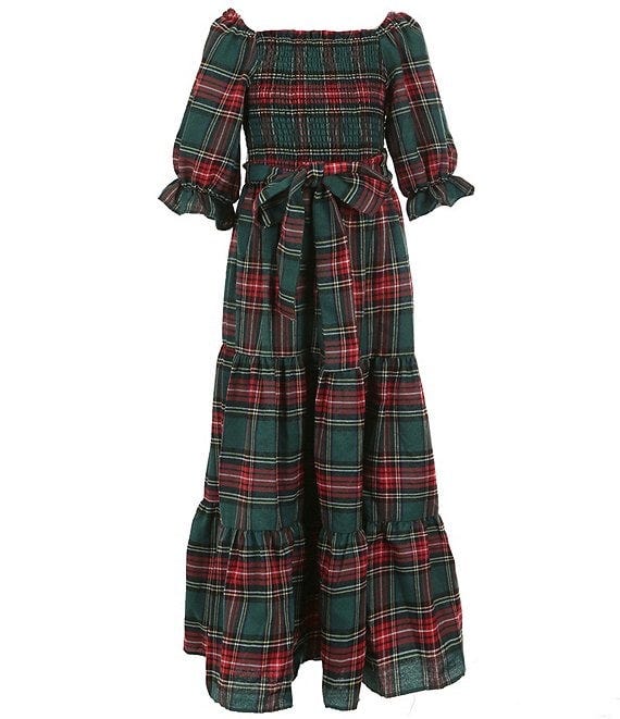 Rare Editions Big Girls 7-16 Puffed-Sleeve Plaid Woven Long Dress, Green - Image 1