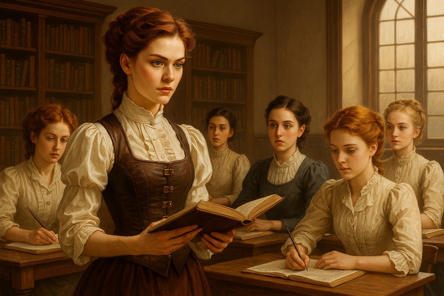 Berenice stands in her classroom reading 
