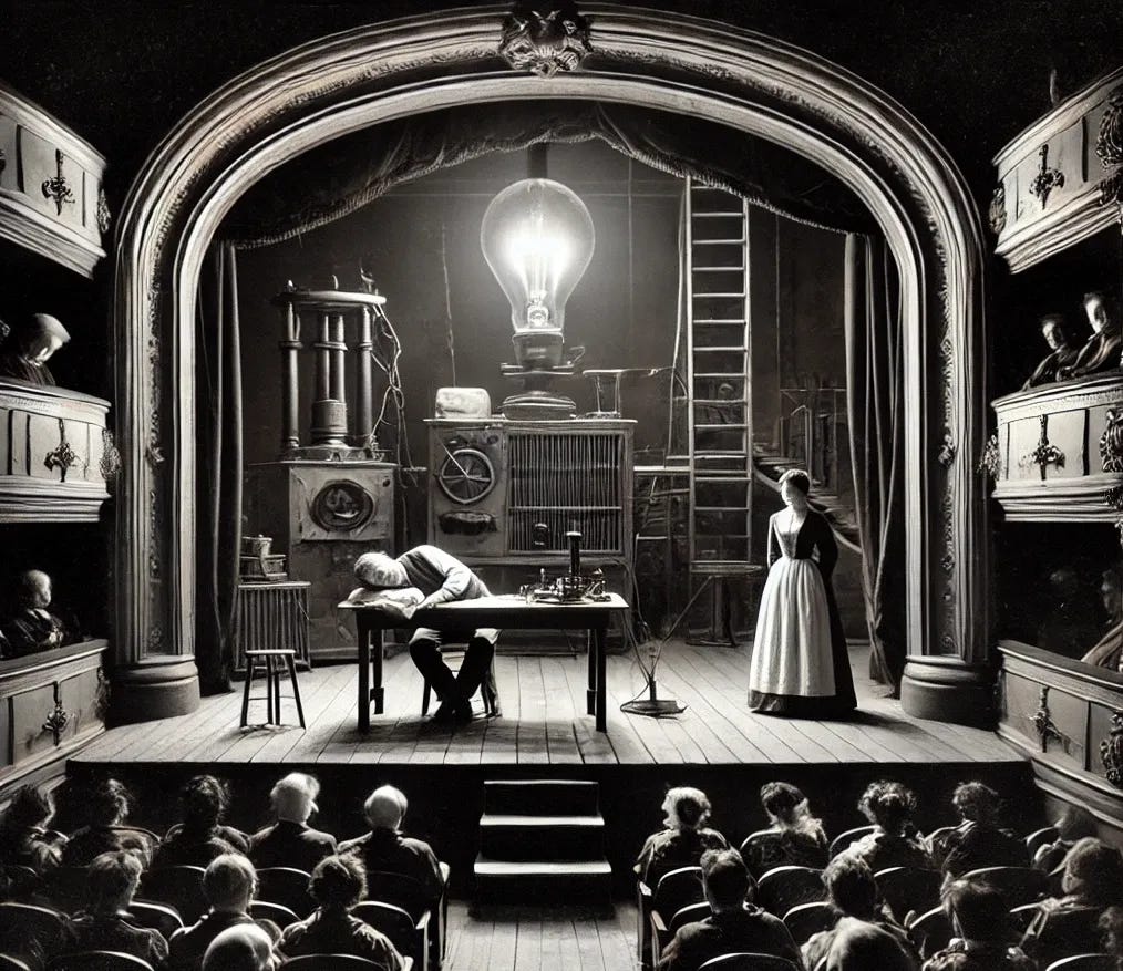 A black and white photographic image of a theater stage play from the middle of the orchestra seats, showing the audience's perspective from further back. The proscenium arch frames the stage, where Thomas Edison is asleep at a laboratory table with his head resting on folded arms, surrounded by scientific equipment. Mina Edison stands near him in 1879 period nightwear, holding a match to a gaslight with a surprised expression. The scene is dimly lit with a vintage feel, emphasizing the full theater view with seats visible in the foreground.