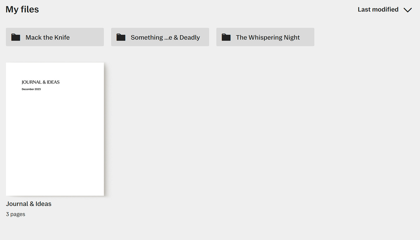 A screenshot of the reMarkable app, which also looks like the device itself. You can see different folders labeled according to Susan's different projects. A screenshot of the reMarkable app, which also looks like the device itself. You can see different folders labeled according to Susan's different projects.