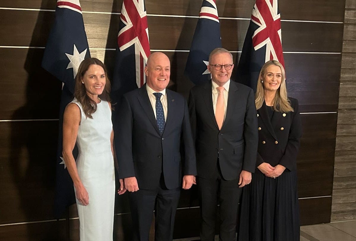 PM Christopher Luxon and Australia PM Anthony Albanese meeting with their spouses in Noosa, QLD. PM Christopher Luxon and Australia PM Anthony Albanese meeting with their spouses in Noosa, QLD.