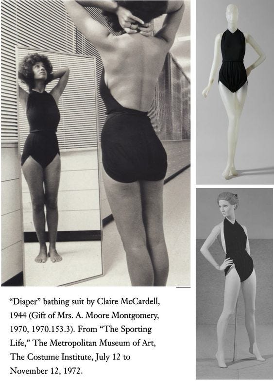 A black and white collage of three photographs showcasing Claire McCardell's high-necked swimsuit: one depicting a model wearng the swimsuit while looking a mirror and two showing the swimsuit on mannequins.