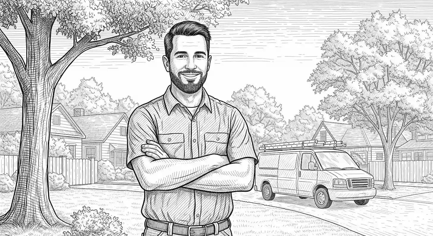 confident male interior finish owner-operator stands outside service vehicle in residential neighborhood confident male interior finish owner-operator stands outside service vehicle in residential neighborhood