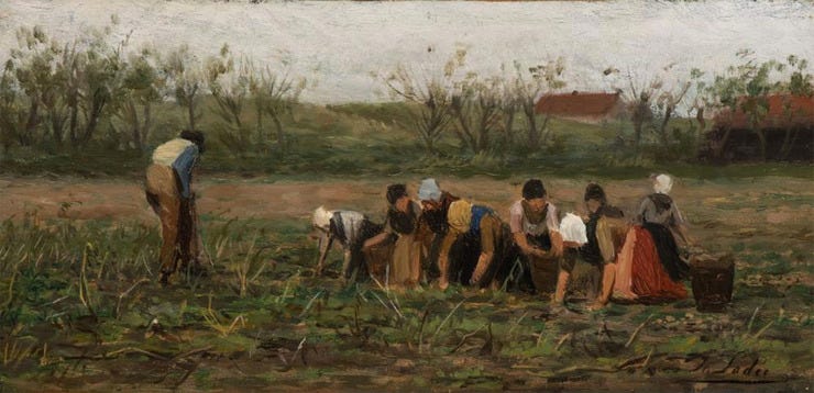 'Potato harvesters at work' - olieverf op board: Philip Sadée (lot 119 NRC Veilingen)