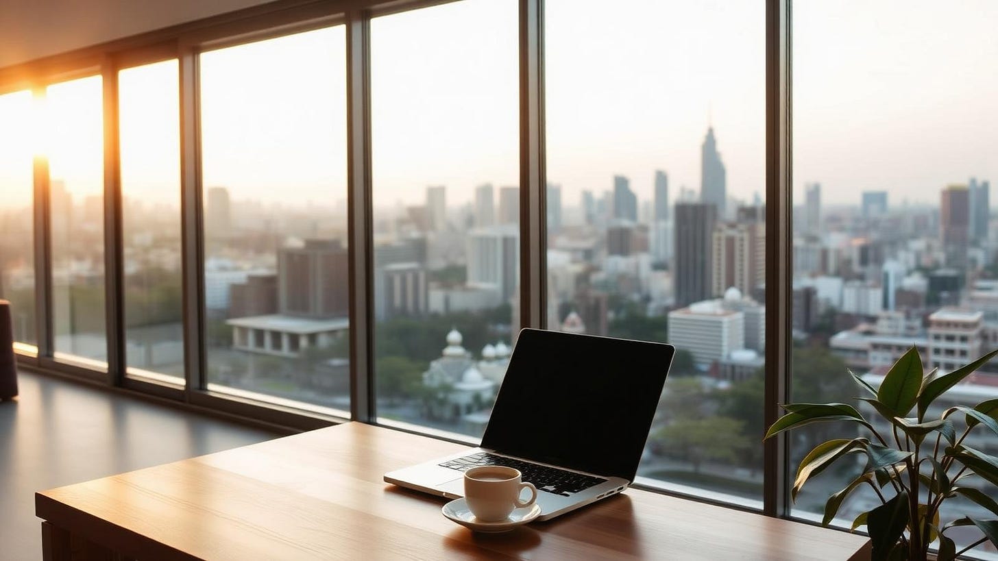 A serviced apartment desk overlooking the Bangkok skyline at golden hour