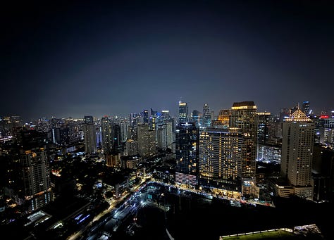 Nighttime building, daytime aerial view, chef, food. cats. sunset jeepney, Ayala Triangle Park