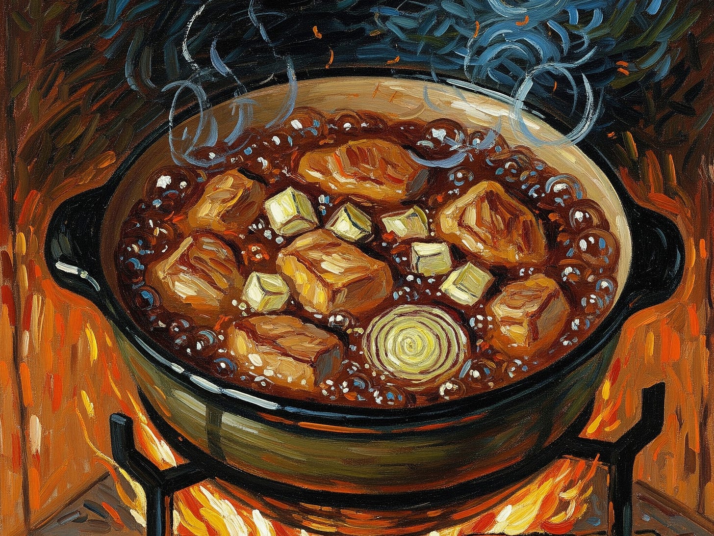 Stew simmering over a fire. Generated with Google Gemini.
