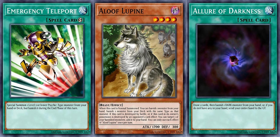 Three trading cards: "Emergency Teleport" with a robot, "Aloof Lupine" featuring a wolf, and "Allure of Darkness" depicting a dark vortex.