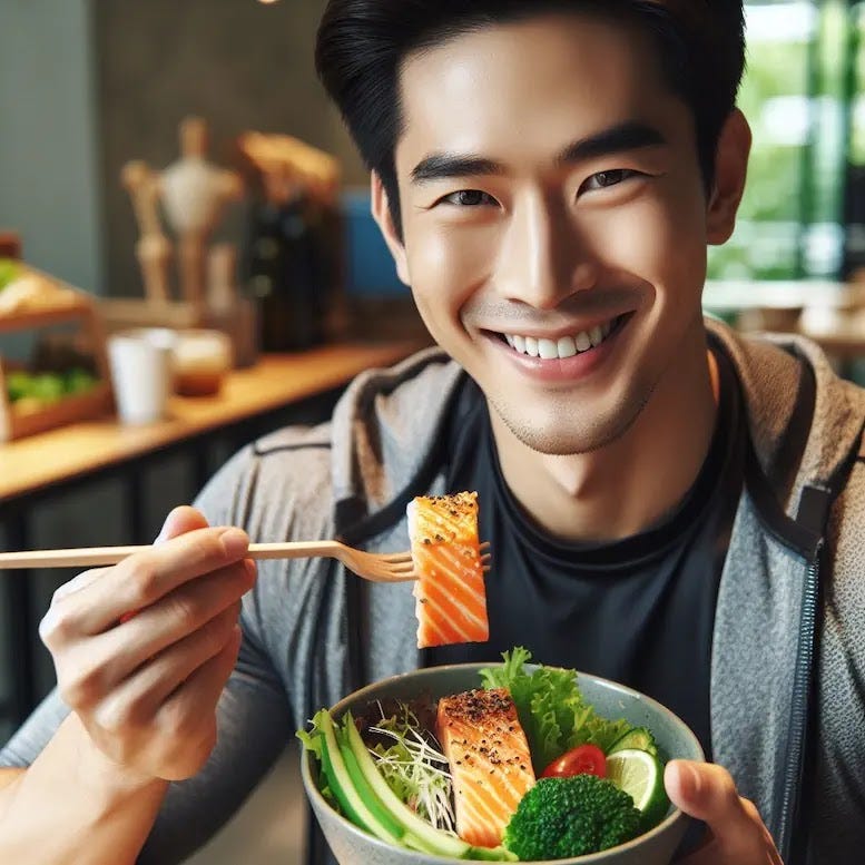 Someone savoring a nutritious salad topped with grilled salmon. A person eating a colorful salad with grilled salmon in a bowl